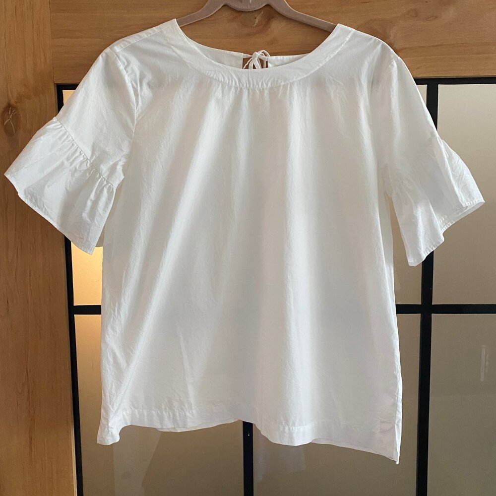 LOFT White Poplin Ruffle Sleeve Top with Bow Tie Back